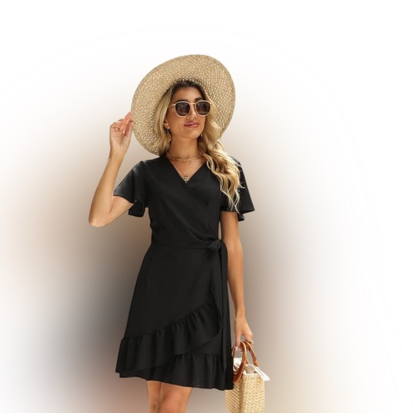Naggoo Women''s Wrap V Neck Wraparound Black Ruffled Short Sleeve Mini Dress. - Picture 7 of 10